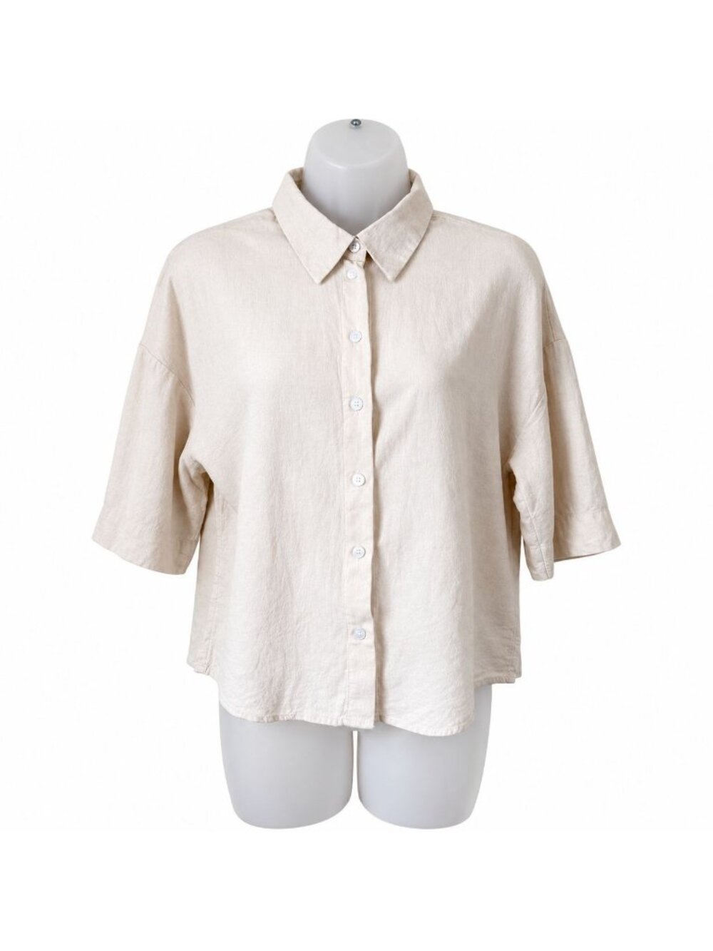 H&M Linen Blend Button Down Shirt Beige Short Sleeve Relaxed Top Womens XS Casua